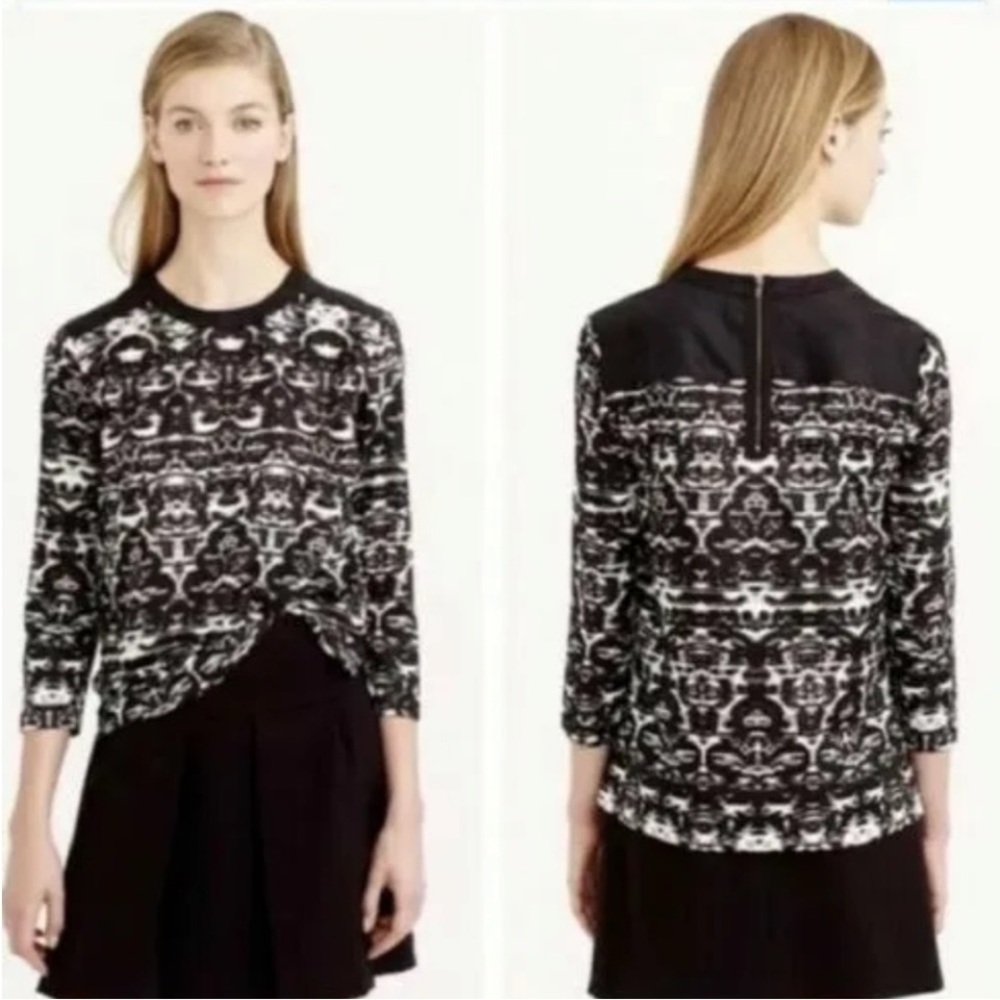 J.Crew Blurred Ikat Top black white polyester wool flannel trim rear zipper SZ 8 - Picture 2 of 7